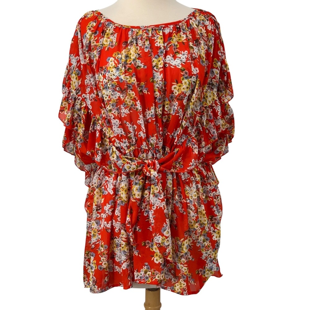 Suzanne Betro Red Floral Tunic Top Boho Ruffle Flutter Sleeves Elastic Waist 1X